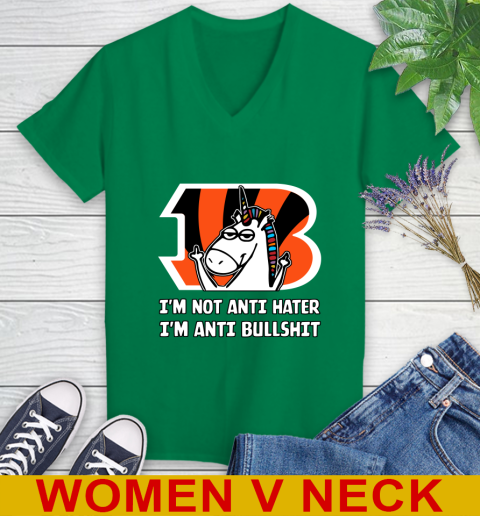 Cincinnati Bengals NFL Football Unicorn I'm Not Anti Hater I'm Anti Bullshit Women's V-Neck T-Shirt 6