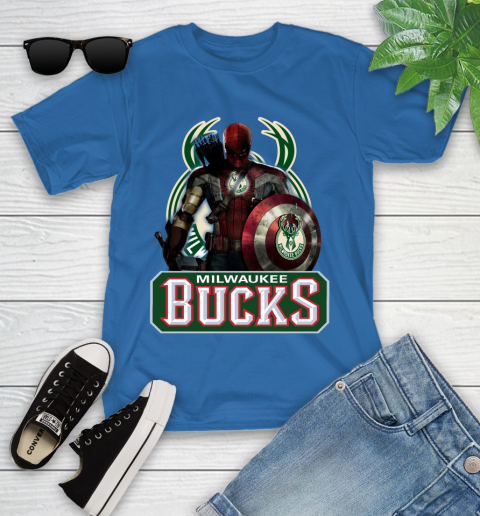Milwaukee Bucks NBA Basketball Captain America Thor Spider Man Hawkeye Avengers Youth T-Shirt 9
