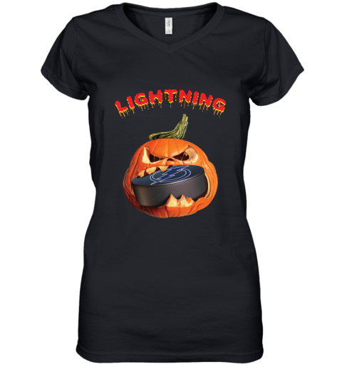 NHL Tampa Bay Lightning Halloween Pumpkin Hockey Sports HFtYmkMmqut women v neck t shirt 39 95 151514 front black