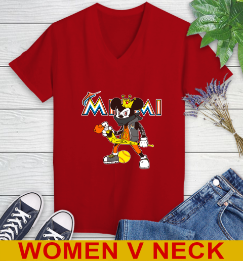 Miami Marlins MLB Baseball Mickey Peace Sign Sports Women's V-Neck T-Shirt 12