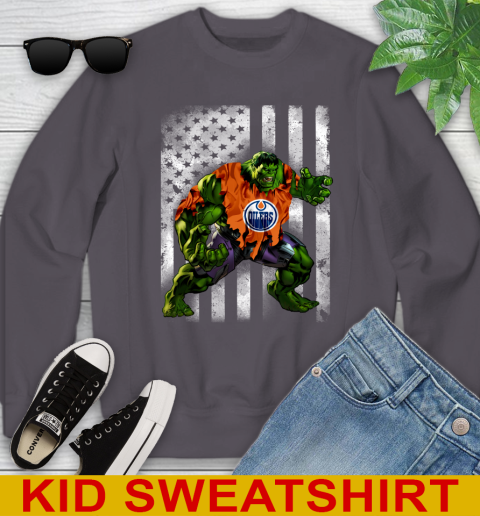 Edmonton Oilers Hulk Marvel Avengers NHL Hockey American Flag Youth Sweatshirt 5