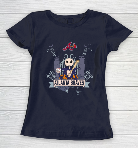 MLB Atlanta Braves Baseball Jack Skellington Halloween Women's T-Shirt 2