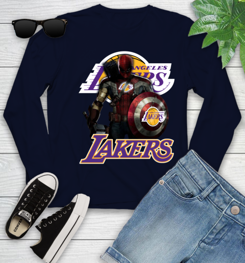 Los Angeles Lakers NBA Basketball Captain America Thor Spider Man Hawkeye Avengers Youth Long Sleeve 3