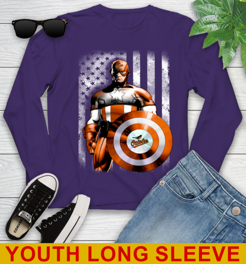 Baltimore Orioles MLB Baseball Captain America Marvel Avengers American Flag Shirt Youth Long Sleeve 4