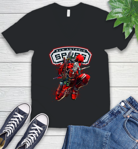 NBA Deadpool Marvel Comics Sports Basketball San Antonio Spurs V-Neck T-Shirt 2