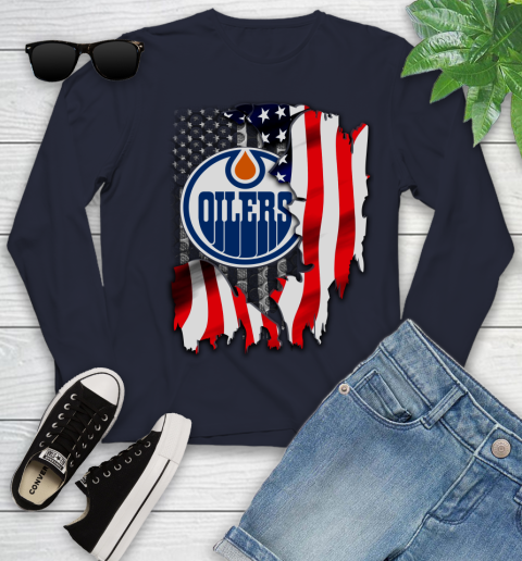 Edmonton Oilers NHL Hockey American Flag Youth Long Sleeve 2