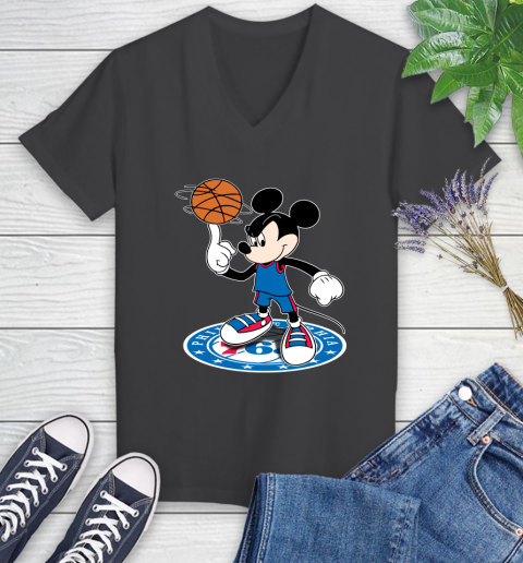 NBA Basketball Philadelphia 76ers Cheerful Mickey Disney Shirt Women's V-Neck T-Shirt - Image 8