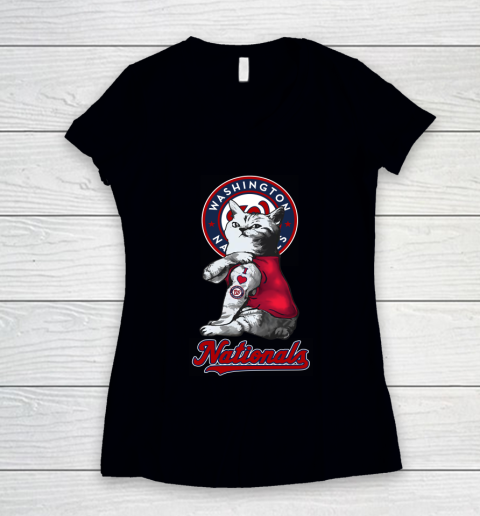MLB Baseball My Cat Loves Washington Nationals Women's V-Neck T-Shirt