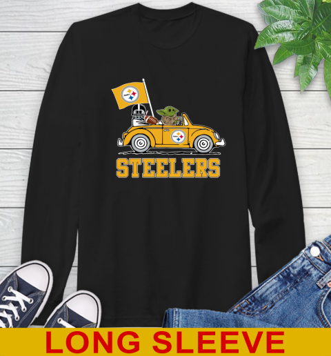NFL Football Pittsburgh Steelers Darth Vader Baby Yoda Driving Star Wars Shirt Long Sleeve T-Shirt 2