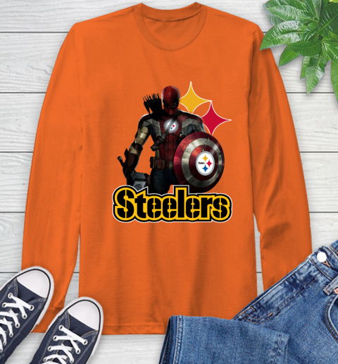 NFL Captain America Thor Spider Man Hawkeye Avengers Endgame Football Pittsburgh Steelers Long Sleeve T-Shirt 5