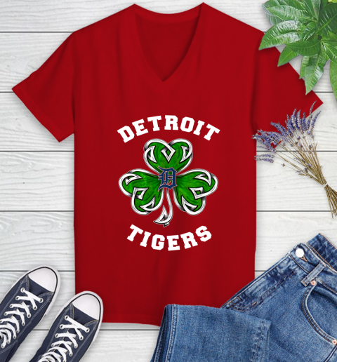 MLB Detroit Tigers Three Leaf Clover St Patrick's Day Baseball Sports Women's V-Neck T-Shirt 11