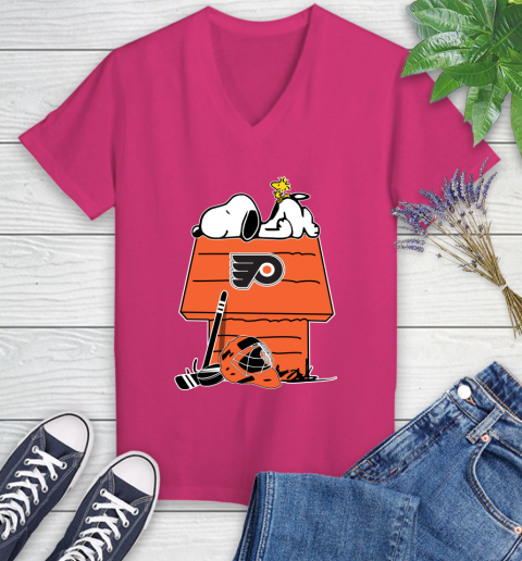 Philadelphia Flyers NHL Hockey Snoopy Woodstock The Peanuts Movie Women's V-Neck T-Shirt 9