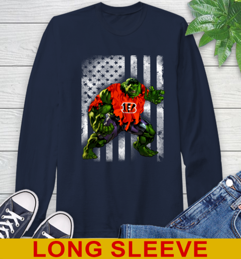 Cincinnati Bengals Hulk Marvel Avengers NFL Football American Flag Long Sleeve T-Shirt 3