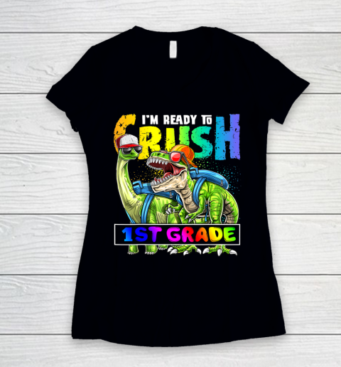 Next Level t shirts I m Ready To Crush 1st Grade T Rex Dino Holding Pencil Back To School Women's V-Neck T-Shirt