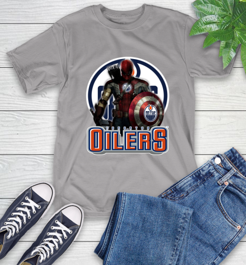 NHL Captain America Thor Spider Man Hawkeye Avengers Endgame Hockey Edmonton Oilers T-Shirt 6
