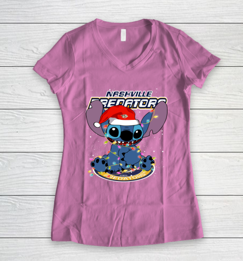 Nashville Predators NHL Hockey noel stitch Christmas Women's V-Neck T-Shirt 8