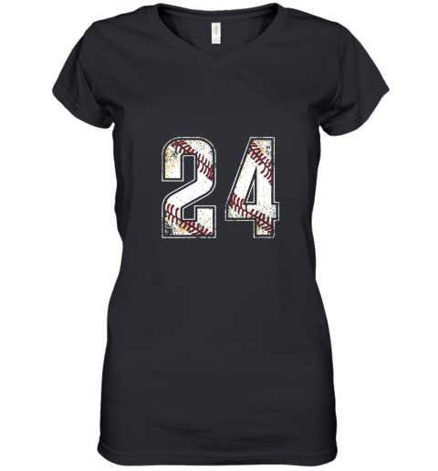 #24 Baseball Jersey Number 24 Vintage Retro Birthday Gift Women's V-Neck T-Shirt