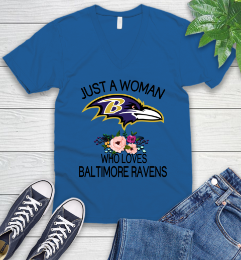 NFL Just A Woman Who Loves Baltimore Ravens Football Sports V-Neck T-Shirt 3
