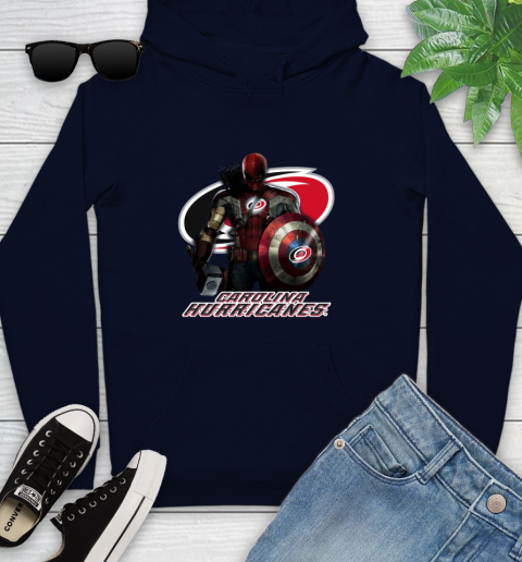 NHL Captain America Thor Spider Man Hawkeye Avengers Endgame Hockey Carolina Hurricanes Youth Hoodie 4