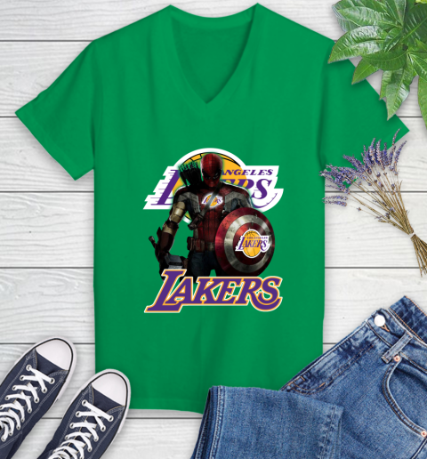 Los Angeles Lakers NBA Basketball Captain America Thor Spider Man Hawkeye Avengers Women's V-Neck T-Shirt 5