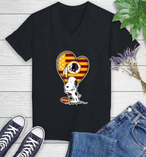 Washington Redskins NFL Football The Peanuts Movie Adorable Snoopy Women's V-Neck T-Shirt 2