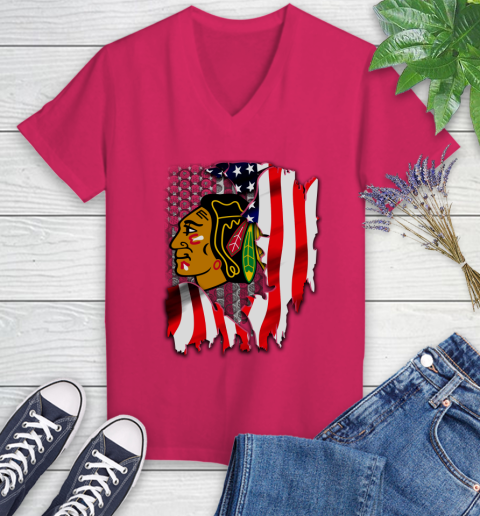 Chicago Blackhawks NHL Hockey American Flag Women's V-Neck T-Shirt 9