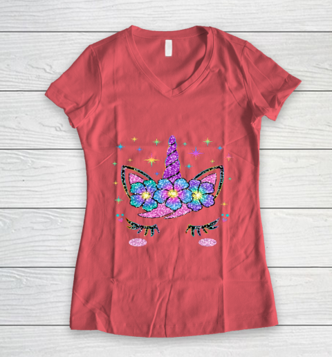 Unicorn Costume Rainbow Face Girls Women's V-Neck T-Shirt 3