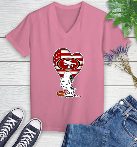 San Francisco 49ers NFL Football The Peanuts Movie Adorable Snoopy Women's V-Neck T-Shirt 13
