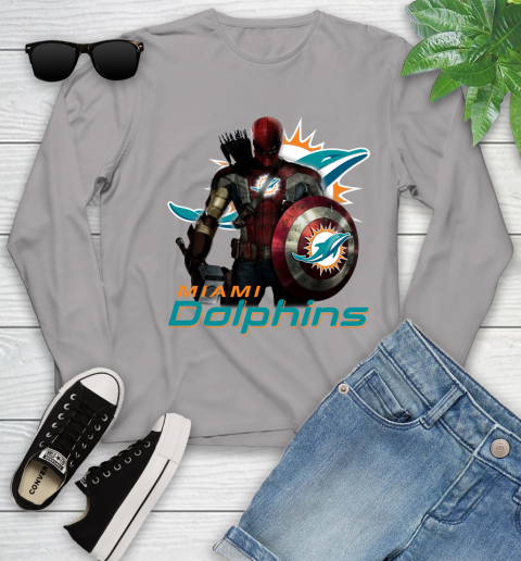NFL Captain America Thor Spider Man Hawkeye Avengers Endgame Football Miami Dolphins Youth Long Sleeve 5