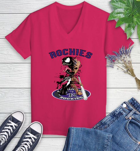 MLB Colorado Rockies Baseball Venom Groot Guardians Of The Galaxy Women's V-Neck T-Shirt 9