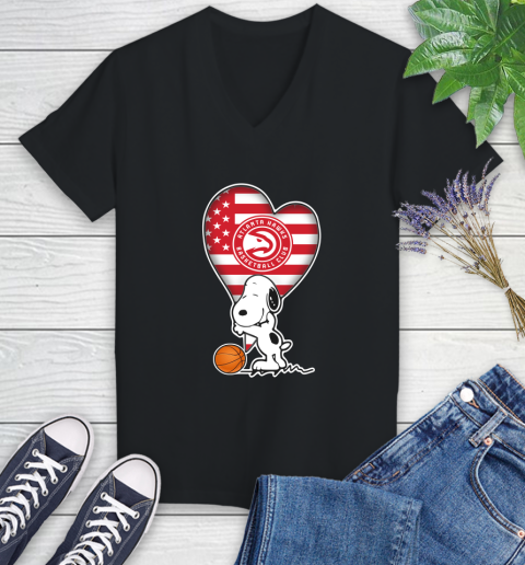 Atlanta Hawks NBA Basketball The Peanuts Movie Adorable Snoopy Women's V-Neck T-Shirt 2
