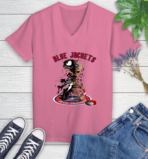 NHL Columbus Blue Jackets Hockey Venom Groot Guardians Of The Galaxy Women's V-Neck T-Shirt 13