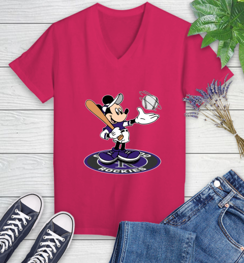 MLB Baseball Colorado Rockies Cheerful Mickey Disney Shirt Women's V-Neck T-Shirt 8