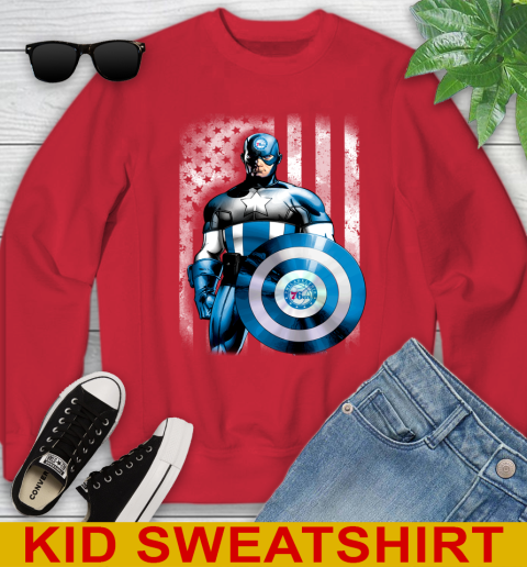 Philadelphia 76ers NBA Basketball Captain America Marvel Avengers American Flag Shirt Youth Sweatshirt 7