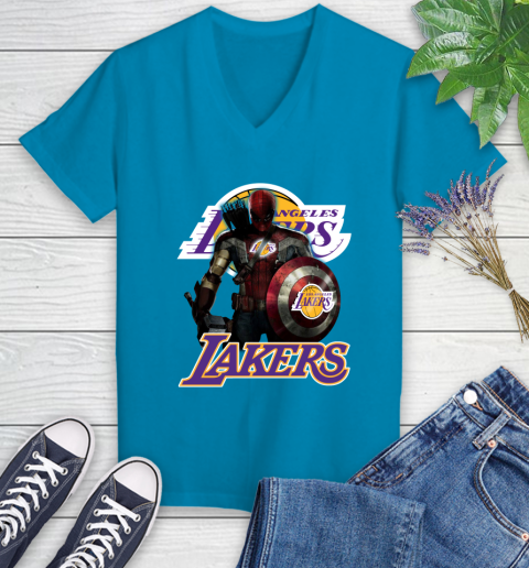Los Angeles Lakers NBA Basketball Captain America Thor Spider Man Hawkeye Avengers Women's V-Neck T-Shirt 7