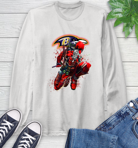 NFL Deadpool Marvel Comics Sports Football Baltimore Ravens Long Sleeve T-Shirt