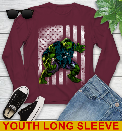 San Jose Sharks Hulk Marvel Avengers NHL Hockey American Flag Youth Long Sleeve 6