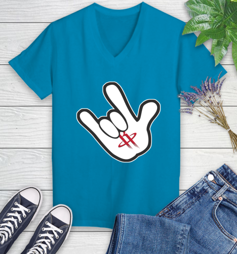 Houston Rockets NBA Basketball Mickey Rock Hand Disney Women's V-Neck T-Shirt 7