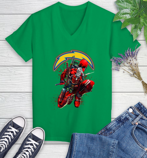 NFL Deadpool Marvel Comics Sports Football Los Angeles Chargers Women's V-Neck T-Shirt 5