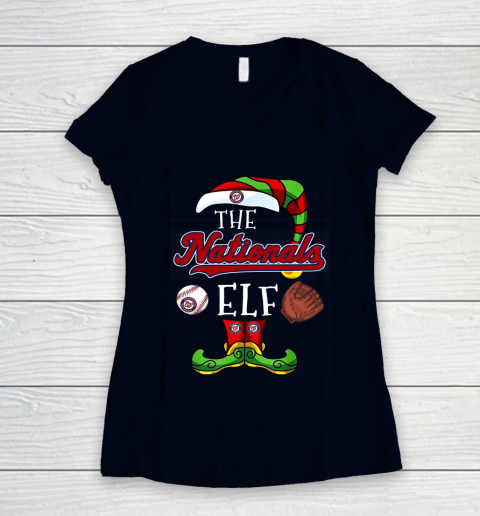 Washington Nationals Christmas ELF Funny MLB Women's V-Neck T-Shirt 2