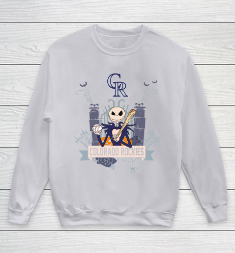 MLB Colorado Rockies Baseball Jack Skellington Halloween Youth Sweatshirt 3