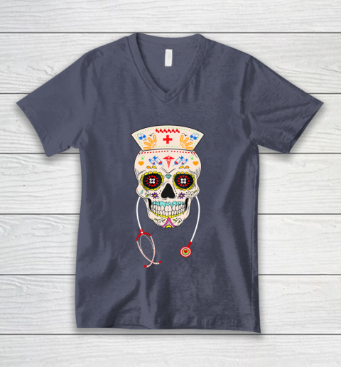 Nurse Sugar Skull Shirt Halloween Day Of The Dead Dia De Los V-Neck T-Shirt 7