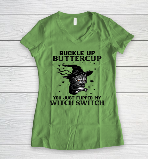 Halloween Cat Buckle Up Buttercup You Just Flipped My Witch Switch Women's V-Neck T-Shirt 5