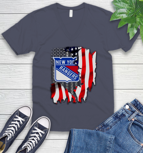 New York Rangers NHL Hockey American Flag V-Neck T-Shirt 7