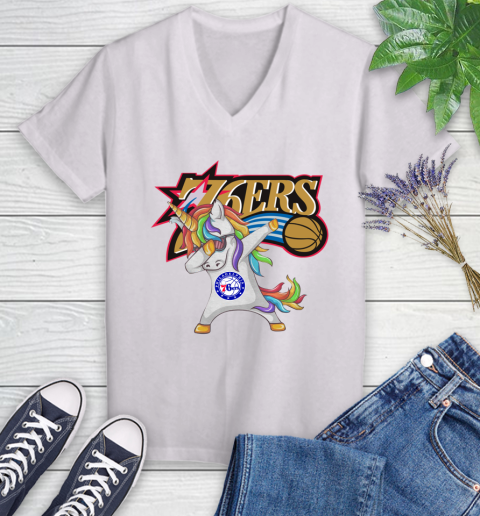 Philadelphia 76ers NBA Basketball Funny Unicorn Dabbing Sports Women's V-Neck T-Shirt