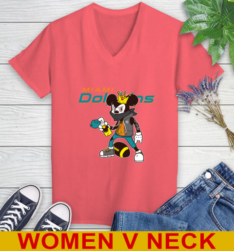 Miami Dolphins NFL Football Mickey Peace Sign Sports Women's V-Neck T-Shirt 7