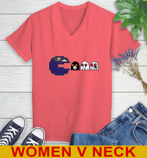 Baltimore Ravens NFL Football Pac Man Champion Women's V-Neck T-Shirt 7