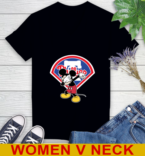 Philadelphia Phillies MLB Baseball Dabbing Mickey Disney Sports Women's V-Neck T-Shirt 2