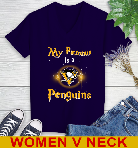 NHL Hockey Harry Potter My Patronus Is A Pittsburgh Penguins Women's V-Neck T-Shirt 3