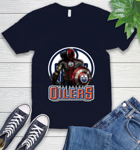 NHL Captain America Thor Spider Man Hawkeye Avengers Endgame Hockey Edmonton Oilers V-Neck T-Shirt 3